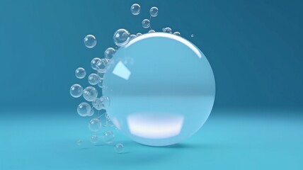 Fototapeta na wymiar On a blue background, a molecule inside a bubble represents a skin care cosmetics solution. rendering in 3D.The Generative AI