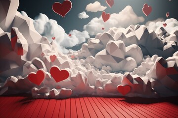 Abstract Valentine's Day backdrop featuring clouds shaped like hearts in the sky. Generative AI