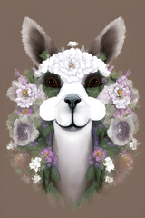 Obraz na płótnie Canvas Illustration portrait of a cute alpaca with flowers, generative ai