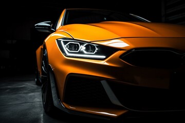 Front lights of an orange custom car on black with space for text. Generative AI