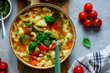 Minestrone soup with pesto.style hugge.selective focus