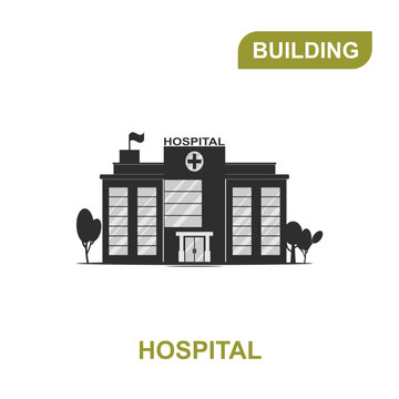 A simple illustration of a hospital. The hospital building is black in color. Icons and illustrations of the hospital with a transparent background.
