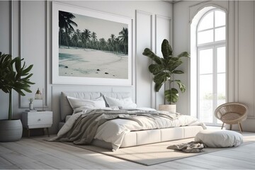 White mockup frame in a tropical coastal bedroom, 3D rendering. Generative AI