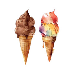 Chocolate ice cream waffle cone, Watercolor drawing, isolated on white. Vector.