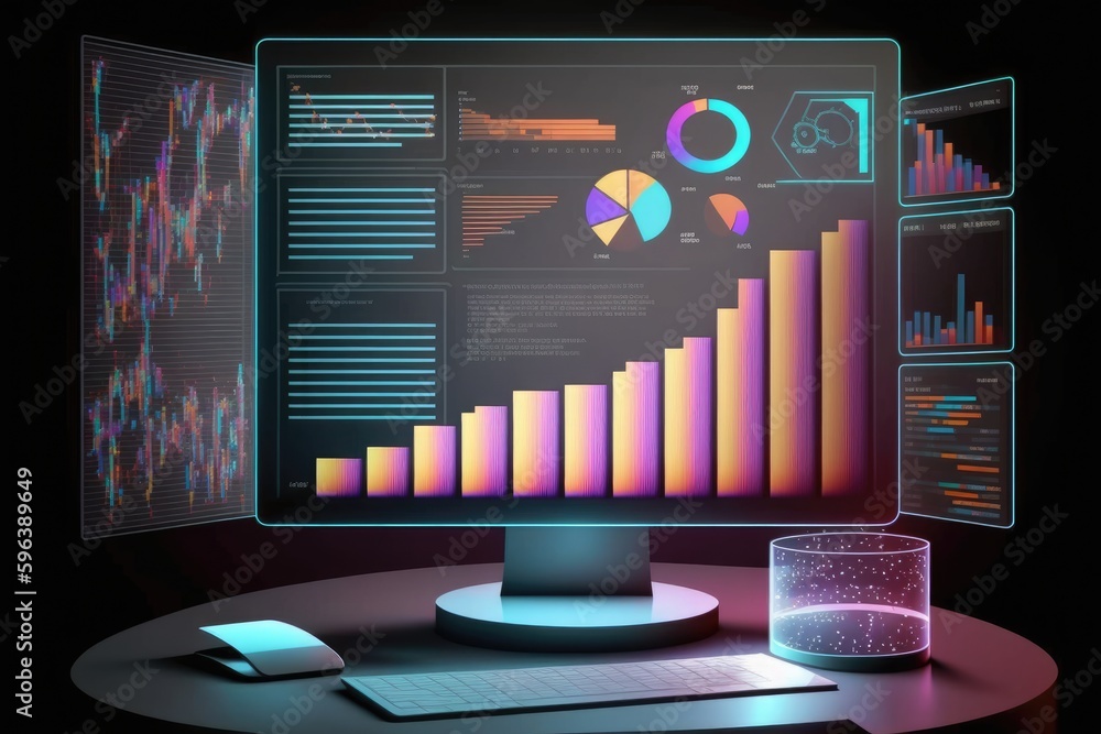 Poster computer screen with business chart on dark background