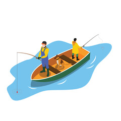 Father, son and their dog fishing in summer 3d isometric vector illustration concept for banner, website, landing page, ads, flyer template