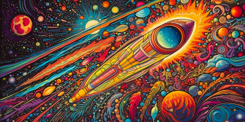 psychedelic surreal and colorful rocket in the space, wallpaper artwork, created with generative ai