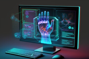 Human hand with hologram on computer monitor screen