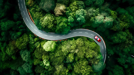 Drone shot of a car on a road and many trees around it, generativ AI - obrazy, fototapety, plakaty