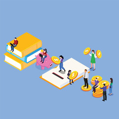 Fototapeta na wymiar Student characters investing money in education and knowledge 3d isometric vector illustration concept for banner, website, landing page, ads, flyer template