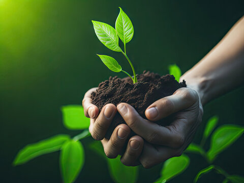 Eco earth day concept. hand holding young plant. ai generative