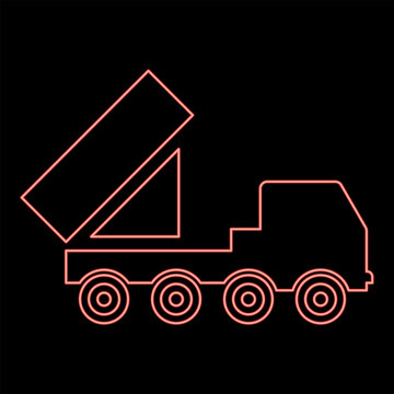 Neon reactive system volley fire salvo artillery American multiple launch on wheeled chassis high mobility army military truck air defense anti aircraft red color vector illustration image flat style
