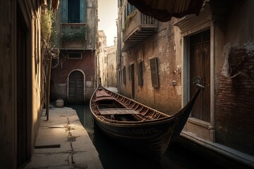 Fototapeta na wymiar Sad and unused Venetian gondolas, tourists reject the decrepit city... Ai generated.