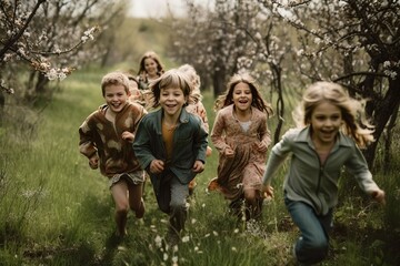 Fototapeta premium Group of boys and girls running through the meadows and playing happily in summer. Ai generated.