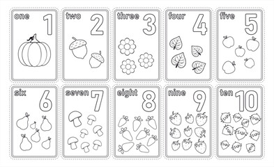 Printable numbers flashcards with vegetables and fruits for preschool learning. Math for kids from 1 to 10. Cartoon style vector count flash cards. Coloring page. Vector