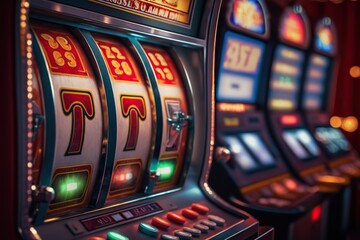 Gambling addiction on display, The hypnotic lure of slot machines in a casino. Ai generated.