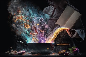 Cook mixes fantasy ingredients in a pot to cook imagination and creativity. Ai generated.