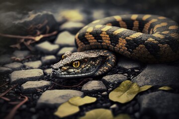 Fototapeta premium Dangerous looking snake hidden among the leaf litter. Ai generated.