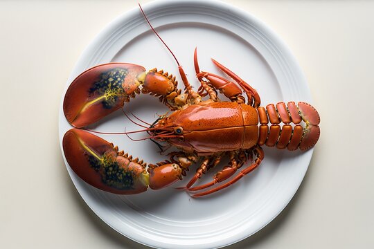 Dish with a single boiled lobster, viewed from above, white luminous image. Ai generated.