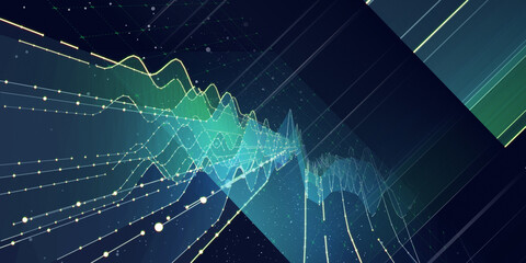 Fototapeta na wymiar Abstract background graph wavy color lines with dots on dark. Technology wireframe interlacement concept in virtual space. Banner for business, science and technology data analytics. Big Data.