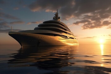 Fototapeta na wymiar Big expensive yacht in the sea or ocean during sunset. Rest on the boat. Generative AI.