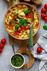 Minestrone soup with pesto.style hugge.selective focus