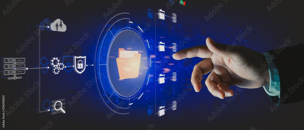 Poster businessman using document management system ( dms ) business process automation technology. finger 