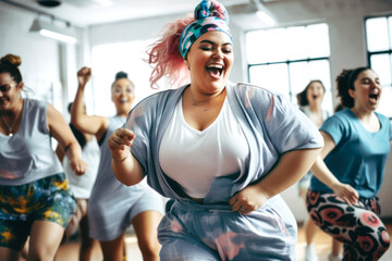 Plus size woman enjoys movement in a sports group. generative ai