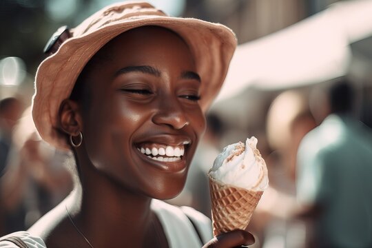 A fictional person. Radiant Woman Enjoying Refreshing Ice Cream on a Hot Summer Day