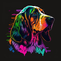 portrait of a dog Basset hound with colorful , Vector t-shirt print. Vector illustration on black background, Generative Ai
