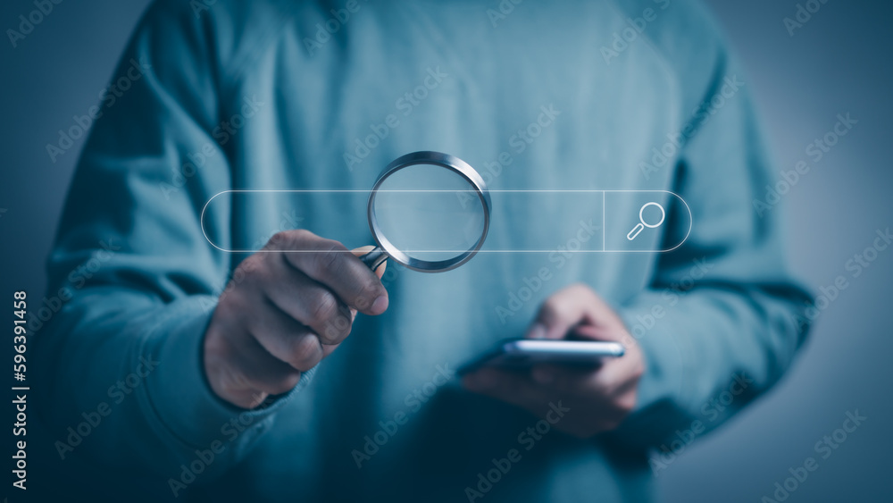Aufkleber technology search engine optimization (seo) concept. man holding magnifying glass. with search bar t