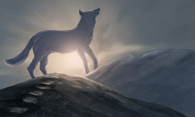 Climber, man standing on top of mountain landscape under sunset dramatic sky with wolf silhouette in back. Digital paiting, calm art background