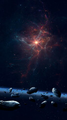 Space background. Colorful fractal nebula with asteroids, planetary ring and star field. Digital illustration, 3D rendering