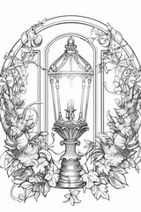Vintage lantern vector coloring book black and white for adults isolated line art on white background.