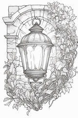 Vintage lantern vector coloring book black and white for adults isolated line art on white background.