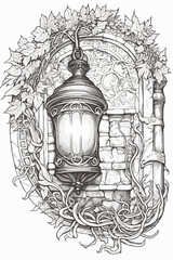Vintage lantern vector coloring book black and white for adults isolated line art on white background.