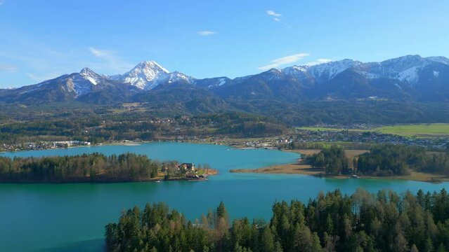 Flight over a fairytale lake with turquoise-blue water - travel photography