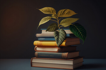 a stack of books with a plant growing out of it Generative AI