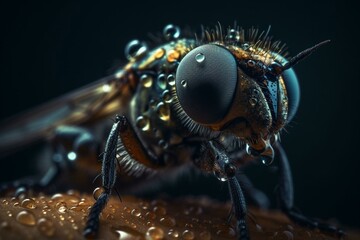 A robberfly covered in water droplets. Generative AI