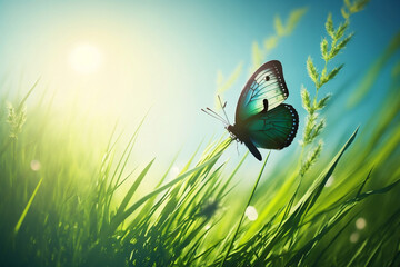 abstract spring nature background with fresh grass and fly butterfly against sunny sky Generative AI