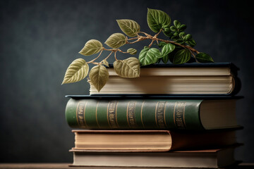 a stack of books with a plant growing out of it Generative AI