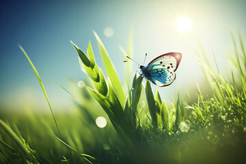 abstract spring nature background with fresh grass and fly butterfly against sunny sky Generative AI
