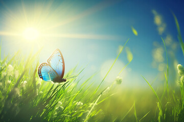 abstract spring nature background with fresh grass and fly butterfly against sunny sky Generative AI
