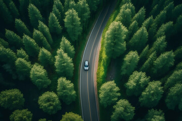 Aerial view green forest with car on the asphalt road, Car drive on the road in the middle of forest trees, Forest road going through forest with car Generative AI