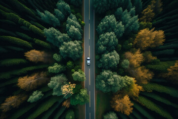Aerial view green forest with car on the asphalt road, Car drive on the road in the middle of forest trees, Forest road going through forest with car Generative AI