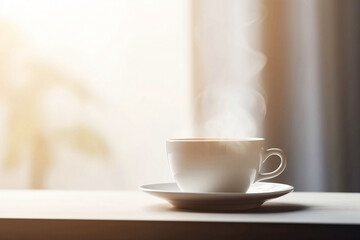 Fototapeta premium White Coffee Cup on Wooden Table Top with Living Room Background. Copy Space for Home Concept