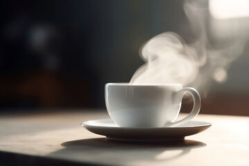 Obraz premium White Coffee Cup on Wooden Table Top with Living Room Background. Copy Space for Home Concept