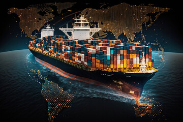 Aerial view container ship with world map digital network, Global business company supply chain logistic freight shipping import export transportation container cargo worldwide Generative AI