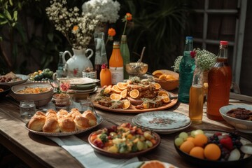 Naklejka na ściany i meble Generative AI diner tabel with food and drinks
