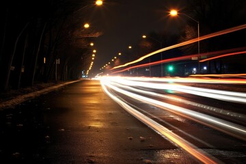 Photo of night city lights and traffic speeding by cars. Bokeh effect background. Generative AI